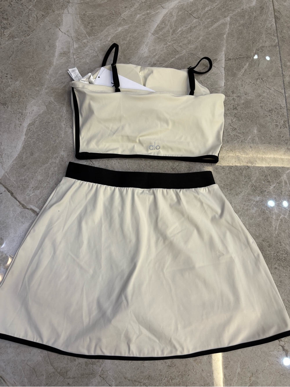 ALO Yoga Cream and Black Backless Crop Top with Matching Skirt - Picture 3 of 5